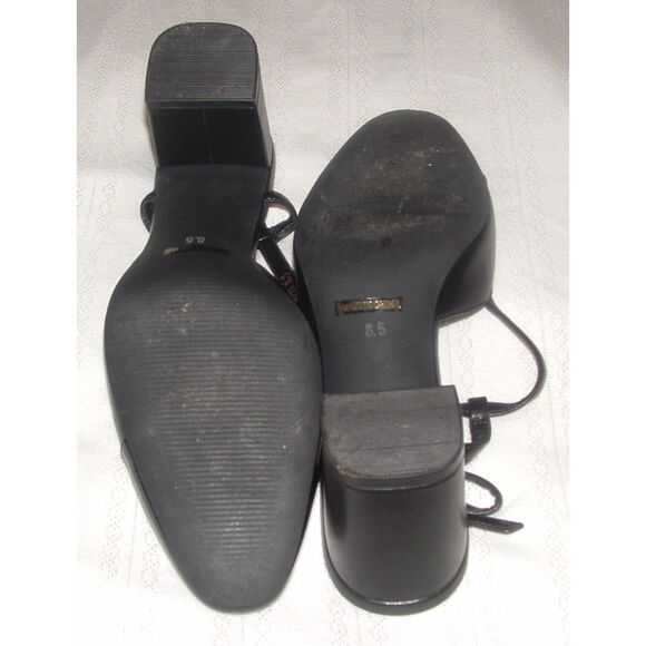 DUMJEY Black Sz 8 1/2 Faux Leather Slingback 2 Tone Close Toe Chunky Block Heels - Picture 8 of 8